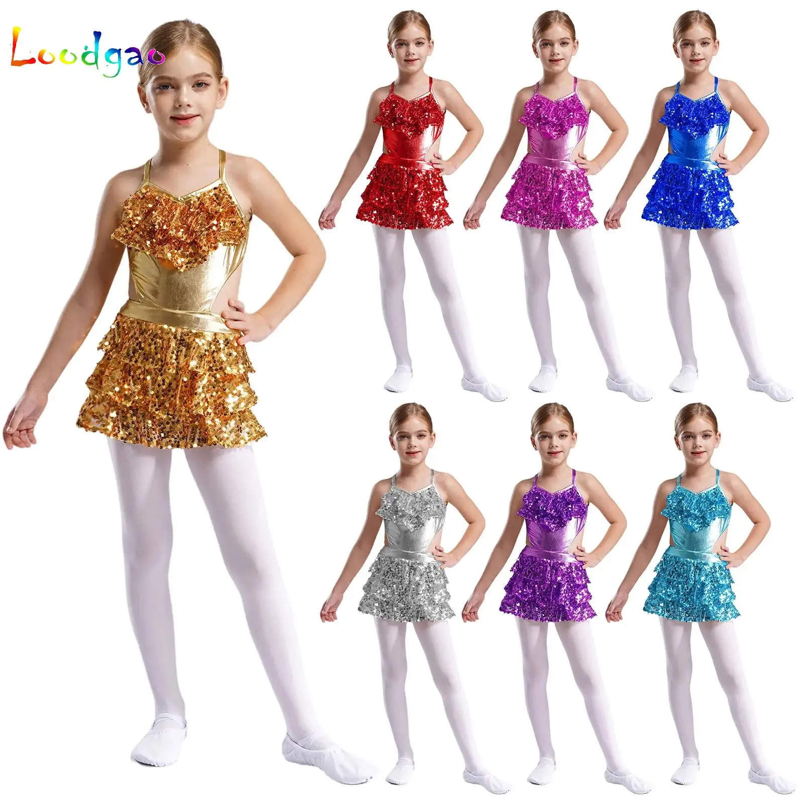 

Kids Girls Sequins Jazz Ballet Dance Dress Sleeveless Cutout Tiered Ruffle Salsa Samba Rumba Skating Leotard Performance Costume