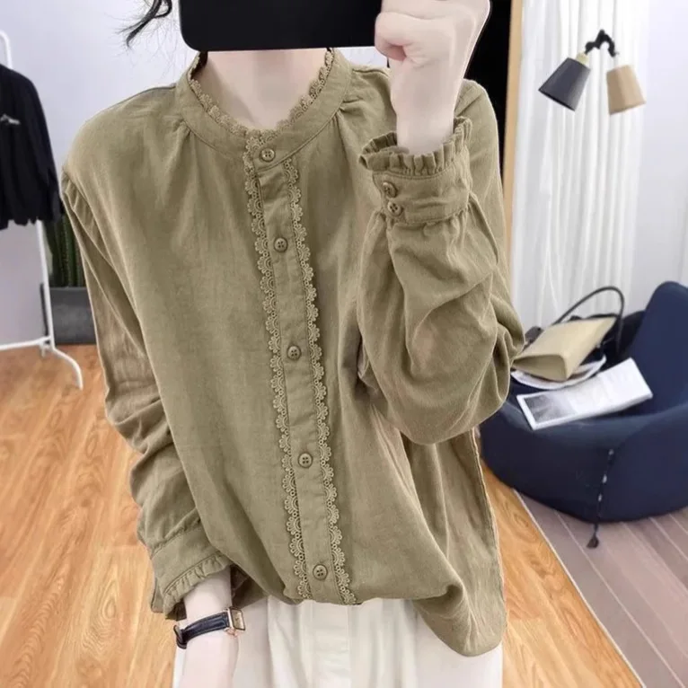 

Cotton and Linen Long-sleeved Shirt Women's Top Versatile Retro Stand-up Collar Splicing Solid Color Bottoming Shirt