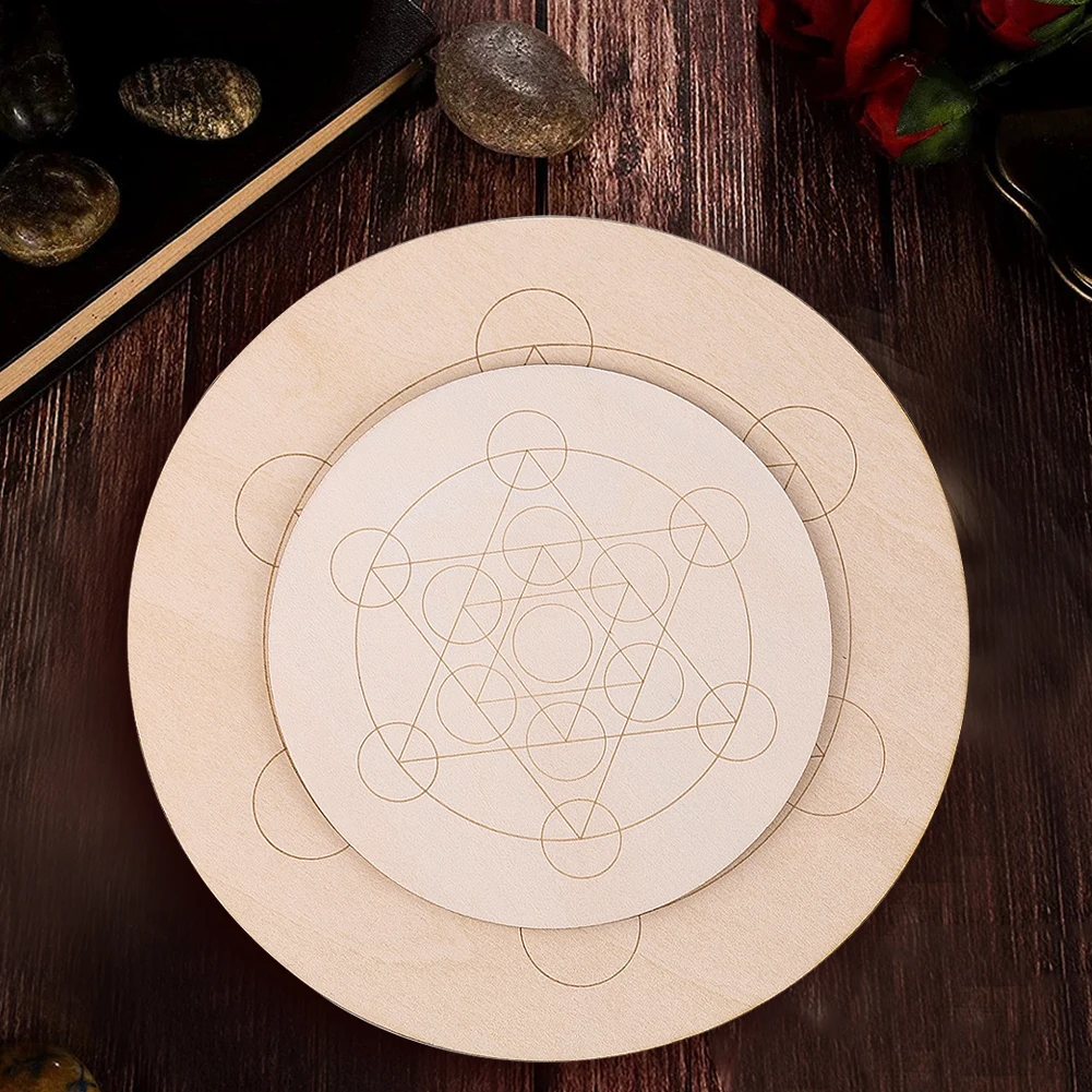 10/15cm Natural Round Wooden Board Laser Engraved Hexagram Array Crystal Display Board Tarot Card Wiccan Divination Game Plate