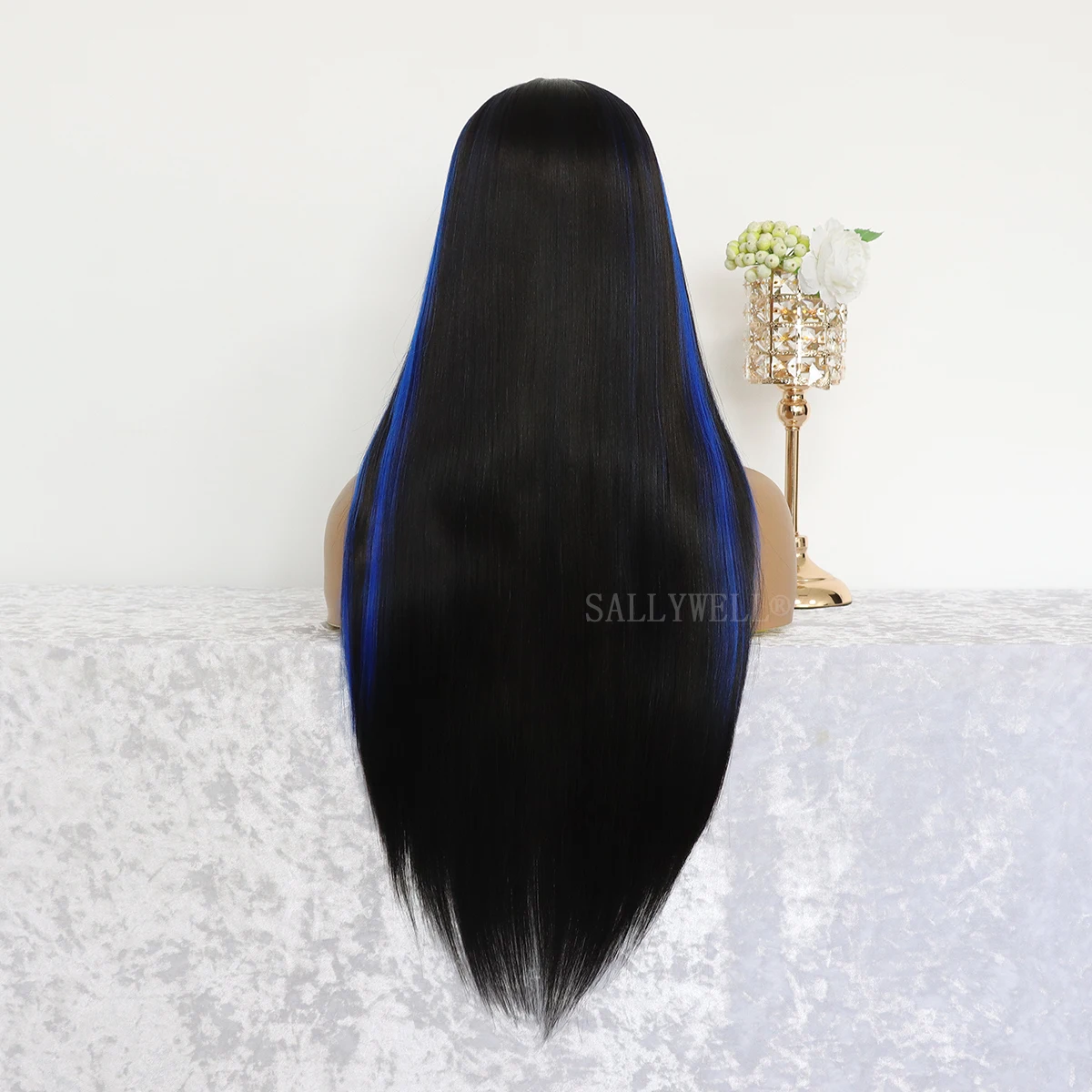 Blue Highlight Straight synthetic Lace Front Wig Blue Skunk Stripe Wig Pre Plucked Natural Hairline Heat Resistant Fiber