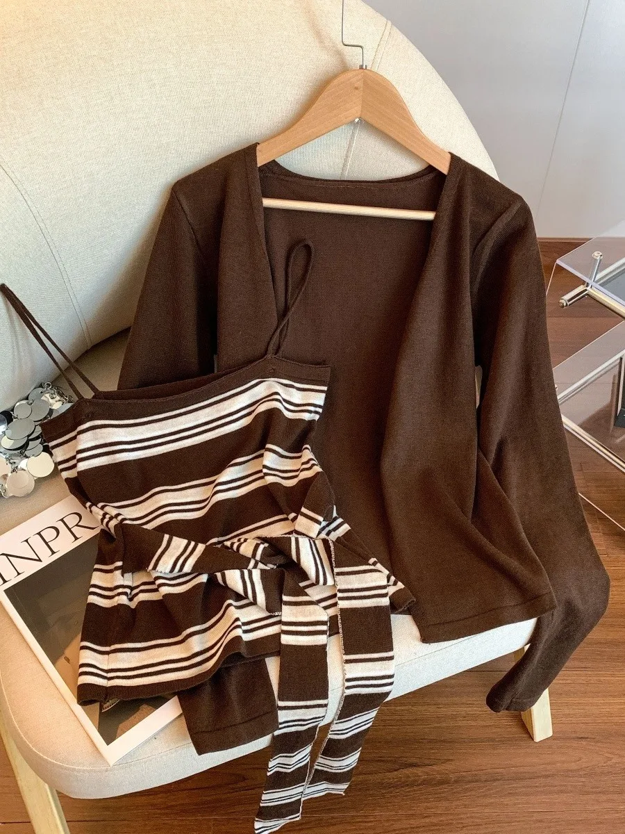 

Slim Fit Striped Knitted Open Cardigan Women's Summer New Style Two Piece Set Sun Protection Top with Belt Design