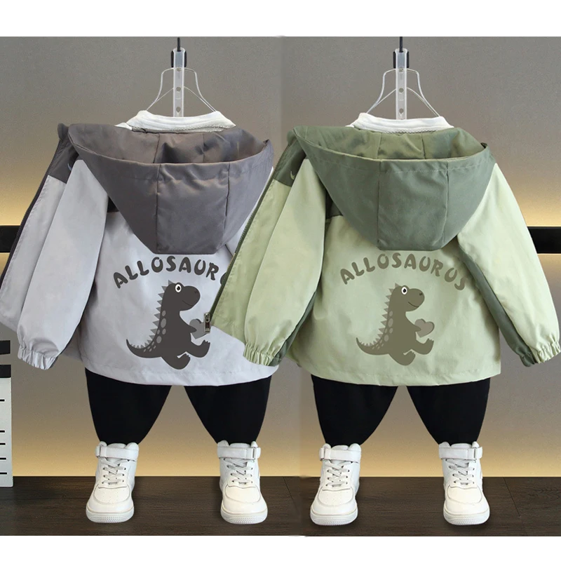 New Spring Autumn Boys Coat Cartoon Dinosaur Pattern Hooded Sport Jacket For 2-12 Years Old Kids Children Birthday Present