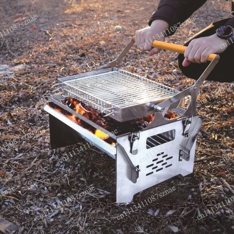 Outdoor Portable Charcoal BBQ Rotating Grill with Detachable Flip, Barbecue Rack for Camping Picnic Backyard and Cooking Use