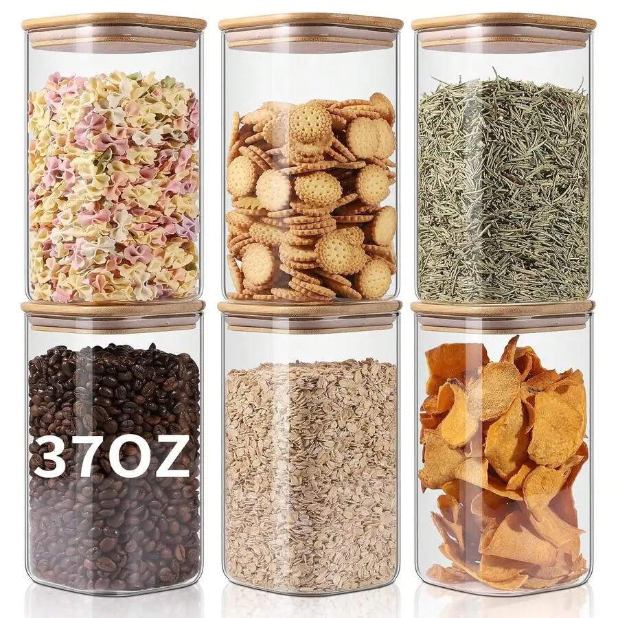 6PCS Glass Storage Jars, 37oz Clear Glass Food Storage Container With Sealed Bamboo Lid Stackable Kitchen Jars For Candy, Biscuits, Rice, Sugar, Flour, Pasta, Nuts & Spice Jars (Square)