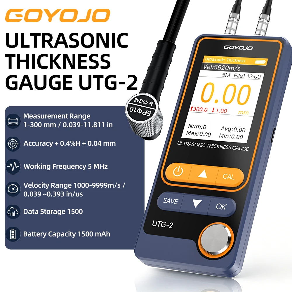 Ultrasonic Thickness Gauge Industrial UTG-2, Pulse-Echo for Cast Iron, PC Data Export, VERI Metal Test, NDT Thickness Meter, for Measuring Metal and Nonmetals Materials 0.039 to 11.811 inch (1-300mm)