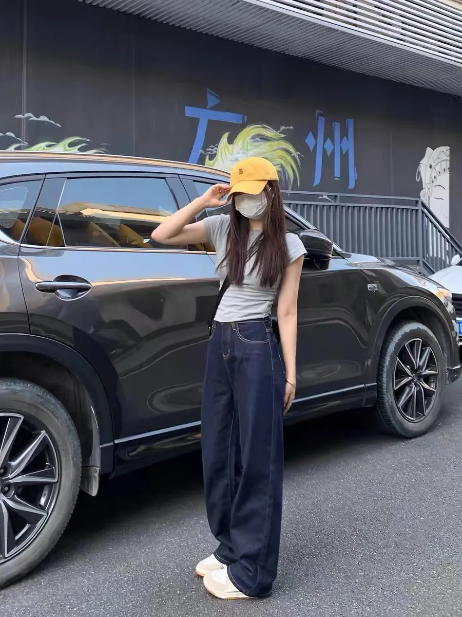 

Deep Blue High Waist Straight Leg Jeans Women's Spring Autumn New Style Lazy Drape Loose Narrow Version Wide Leg Pants