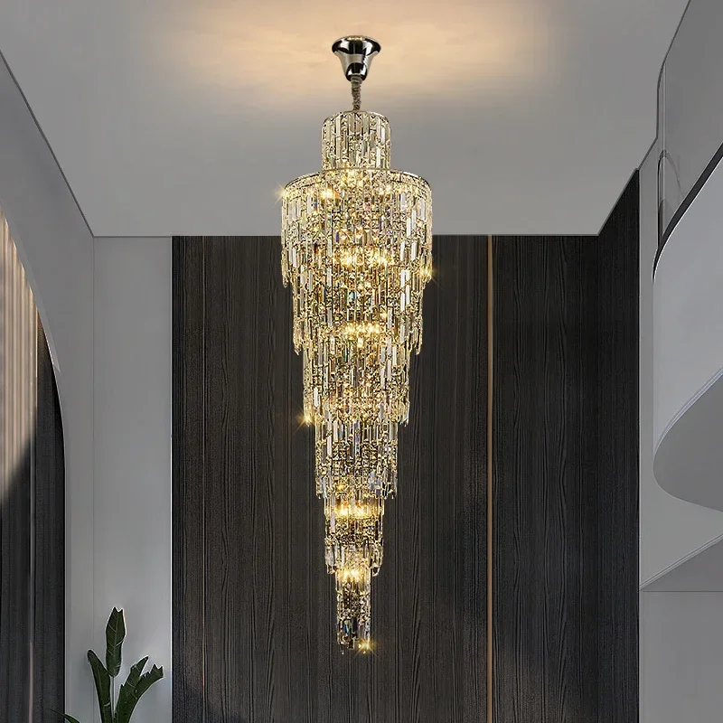 

Living room crystal chandelier light luxury lighting duplex floor to floor rotating staircase long chandelier decoration