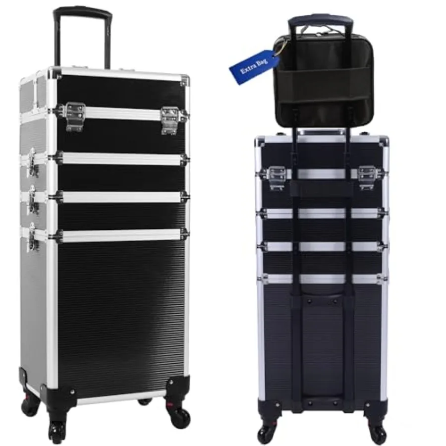 

5-in-1 rolling makeup train case for professional use, aluminum, black, durable lockable design with 360 swivel wheels