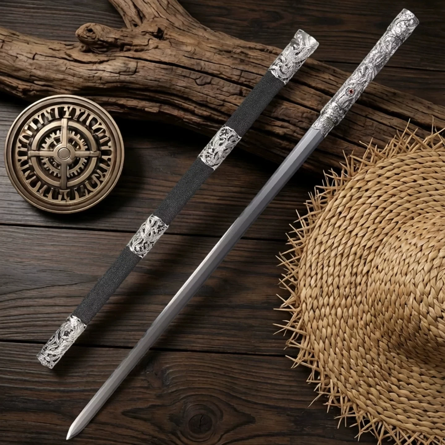 Phoenix White Bronze Tang Sworrd Seven-Laminated Folded Steel Blade Carved White Copper Fitting Black Rayskin Scabbard Display