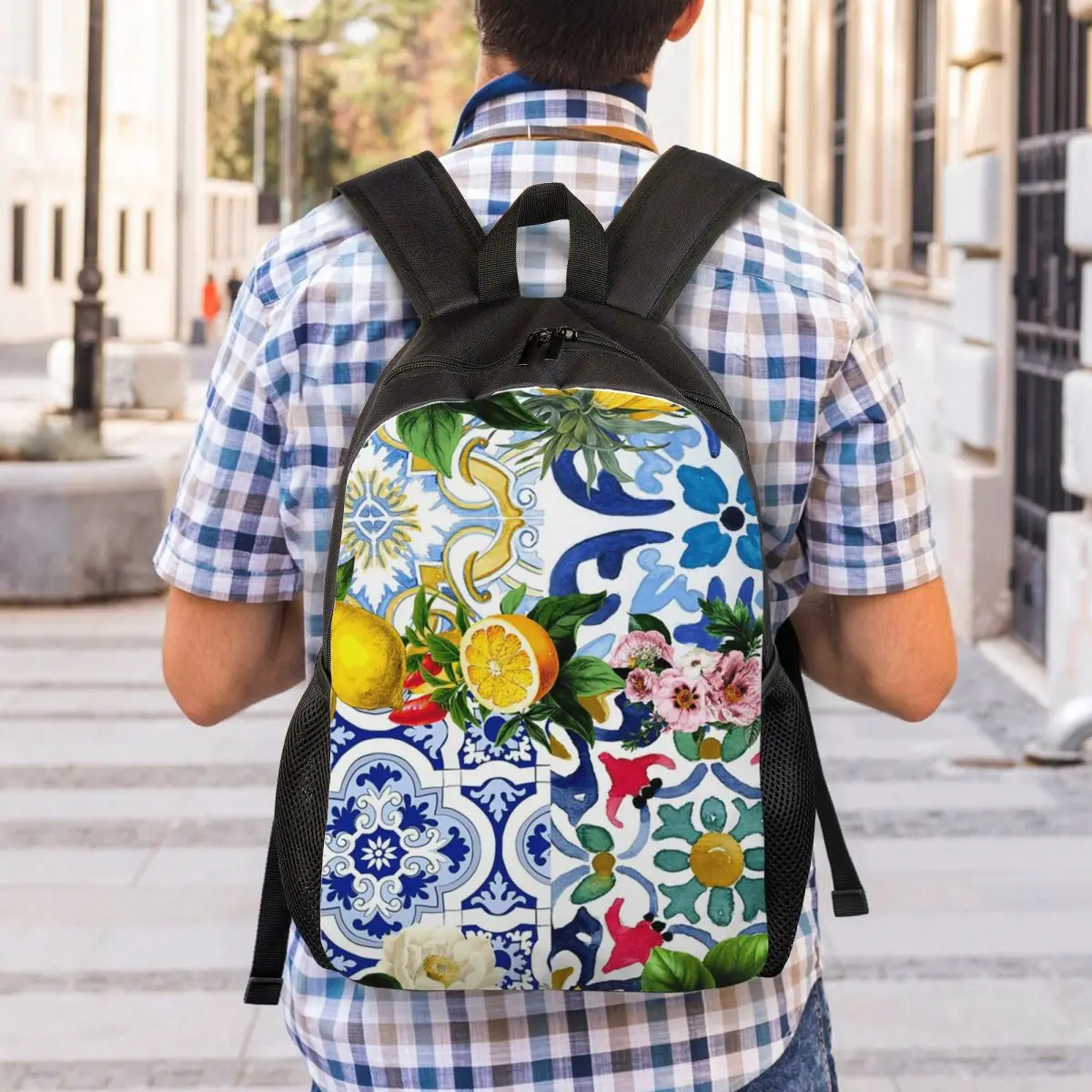 بلاط صقلية، البحر الأبيض المتوسط، فسيفساء، الليمون حقيبة ظهر الطالب حقيبة مدرسية المشي لمسافات طويلة السفر Daypack حقيبة الكتب الموضة حقائب الكتف #3