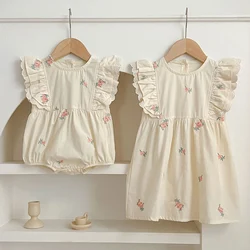 Summer Matching Sister Dress Outfit Baby Girls Clothes Girls Lace Flying Sleeves Dress Embroider Baby Girl Romper Princess Dress