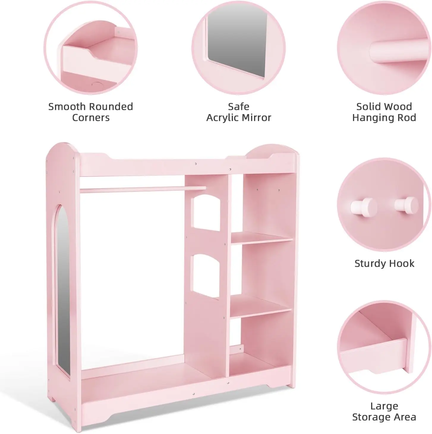 Kids Clothing Rack and Armoire with Mirror, Appropriate Height Kids Dress up Storage with Anti-tip Device, Helping Children Mana