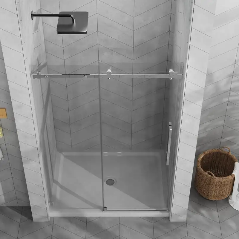 

Frameless Sliding Shower Door Combo with 48"x32" Acrylic Shower Base, 1/4" Tempered Glass Door, Stainless Steel Hardware,