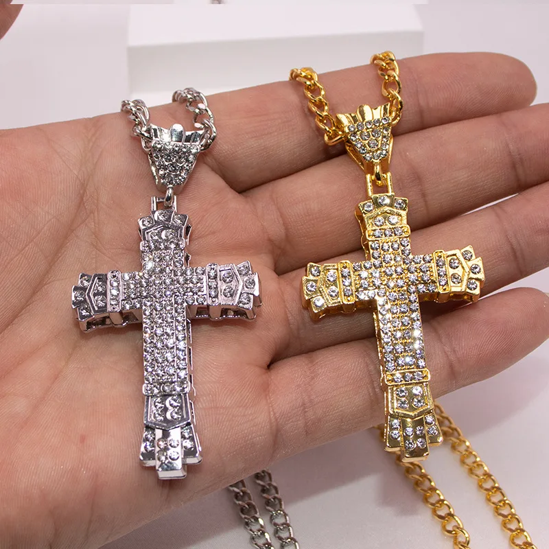 1 Simple Style MEN'S Rhinestone Christian Cross Rhinestone Pendant Necklace Personality Fashion Street Domineering Chain Jewelry