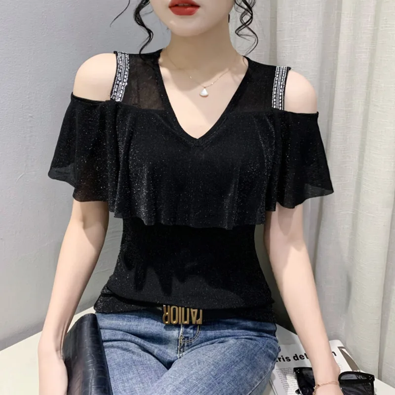 #5357 Black Blue Mesh Tshirt Ruffles Off spalla T Shirt donna diamanti Sexy sottile Skinny Tshirt femminile estate Top Femme scollo a v