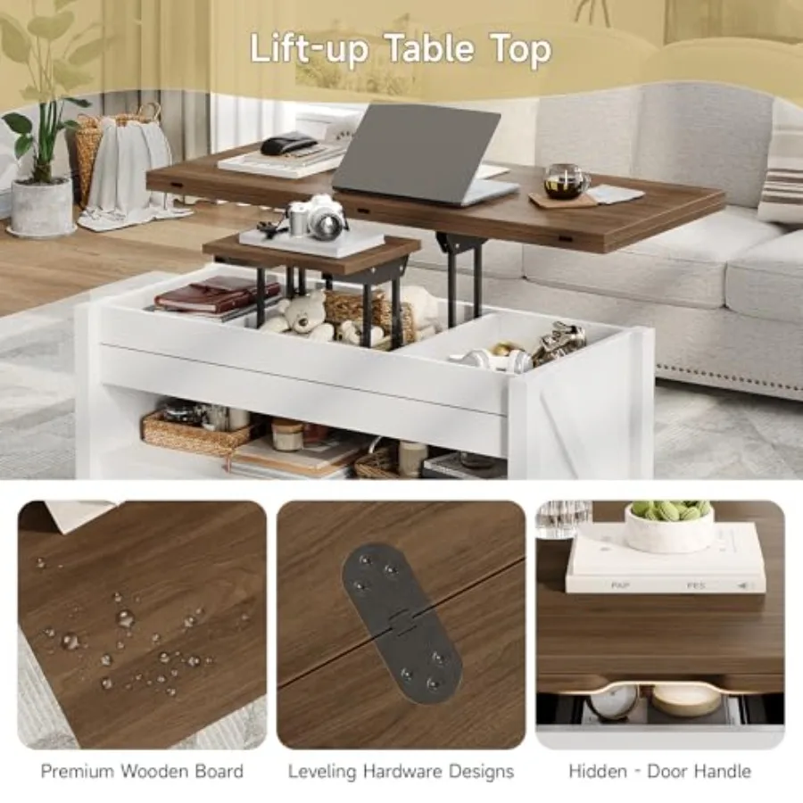 Farmhouse Lift Top Coffee Table with 2 Storage Drawers Rustic Center Table with Large Hidden Storage Compartment Coffee Table C