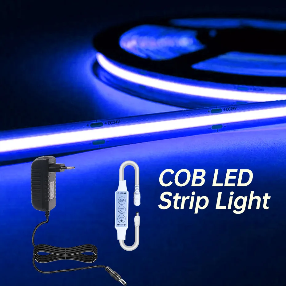 24V Ultra-Thin COB LED Strip 320LEDs/m 0.5m-10m Dimmable with Power Supply & Adhesive Backing for Under Cabinet Lighting Install