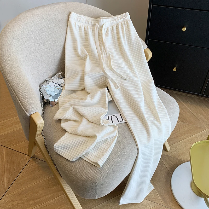 

Casual High Waist Wide Leg Pants Women's Knitted Stripe Texture Rice Noodle Fce Long Trousers Versatile Autumn Season