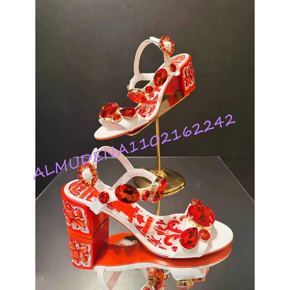 2026 New Women'S Print Sandals Red Crystal Rhinestone Decor Chunky Block Heel White Leather Open Toe Ankle Strap Buckle Footwear image 2