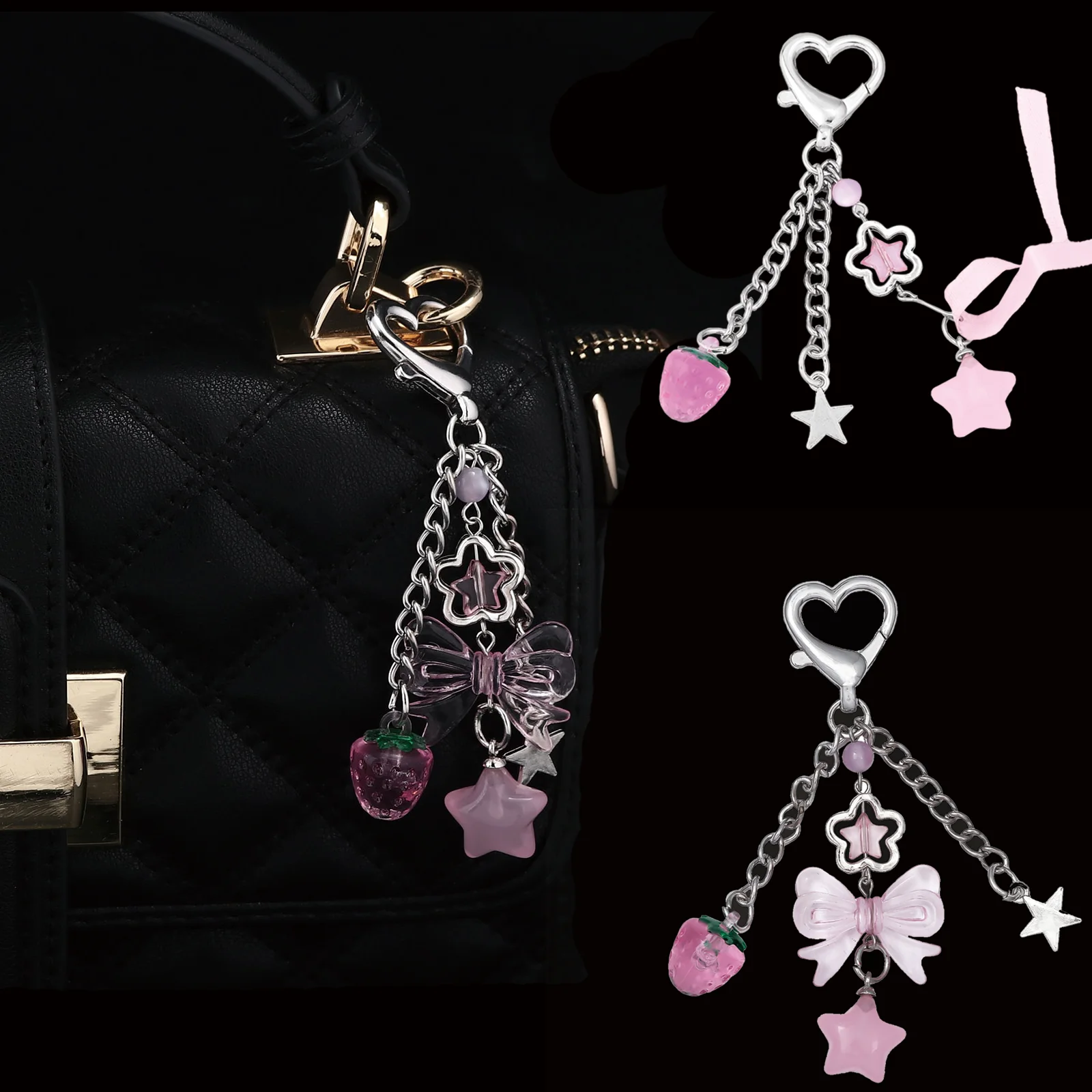1PCS Sweet Style Bow Keychain Pink Pendant Creative Mobile Phone Short Chain Love Five-pointed Star Accessories Bag Decoration
