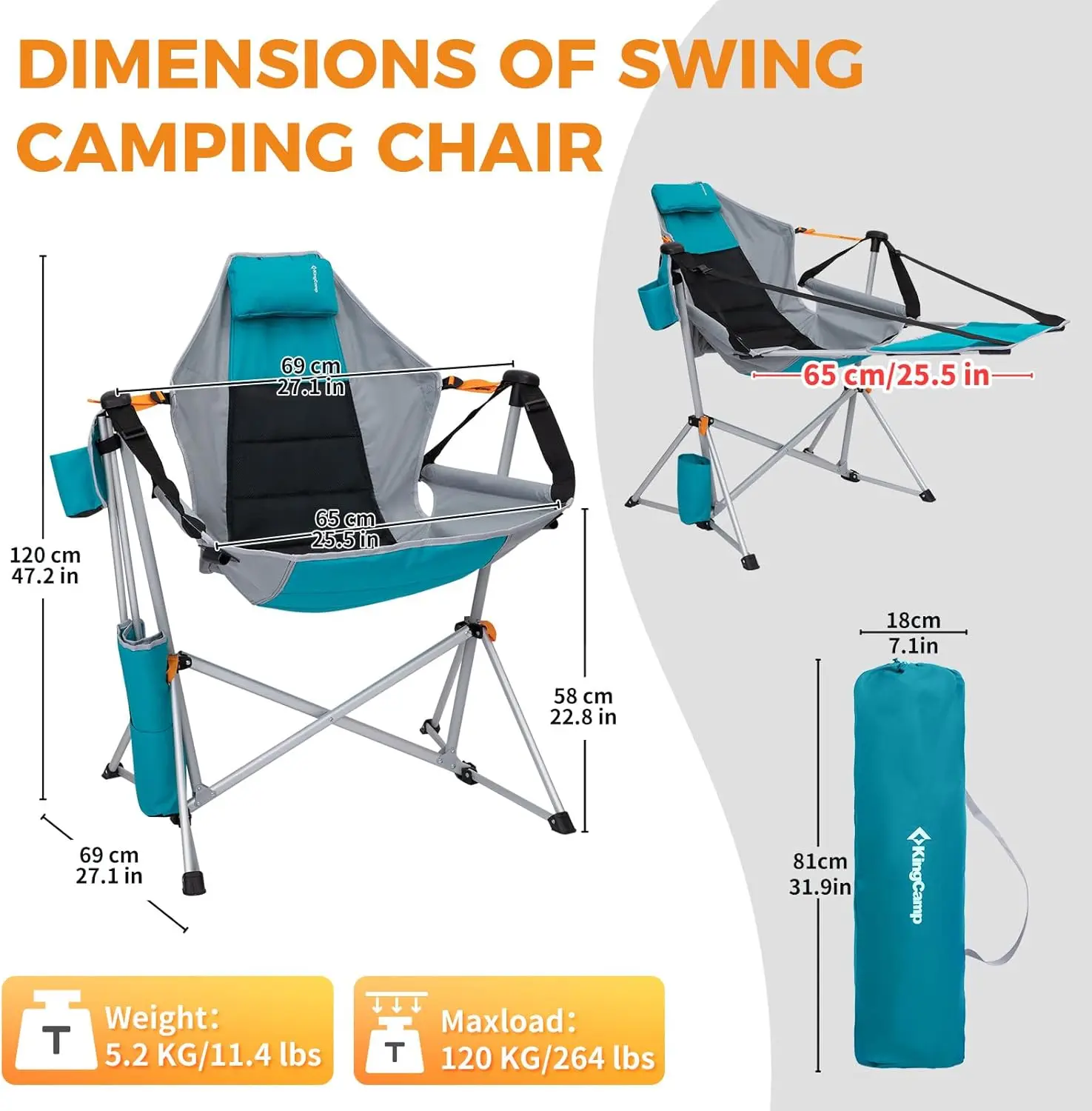 Camping Chair, Hammock , Folding Rocking , Aluminum Adjustable Back Swing , with Removable Footrest Pillow