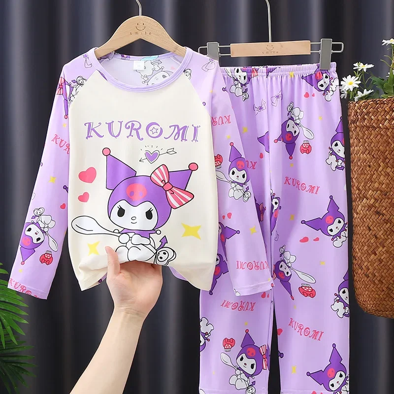 Anime Sanrios Child Pajamas Suit Long-Sleeved Cartoon Cinnamoroll Home Clothes Kuromi Autumn Winter Cute Kids Sleepwear Clothes