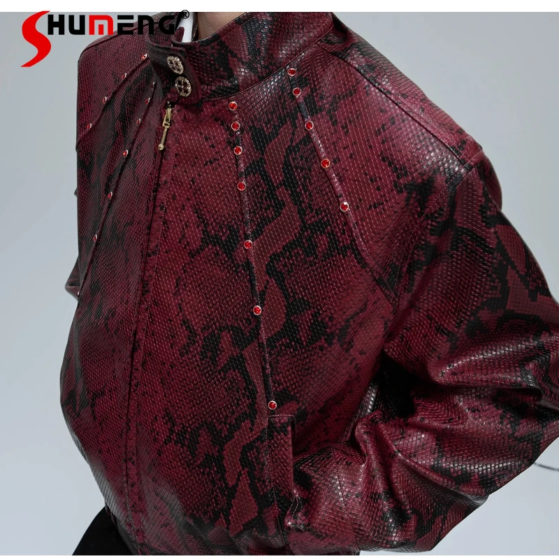 

2025 Autumn New Fashion Faux Leather Jackets Gemstone Decoration Stylish Coats Men's Stand Collar Long Sleeve Handsome Jackets