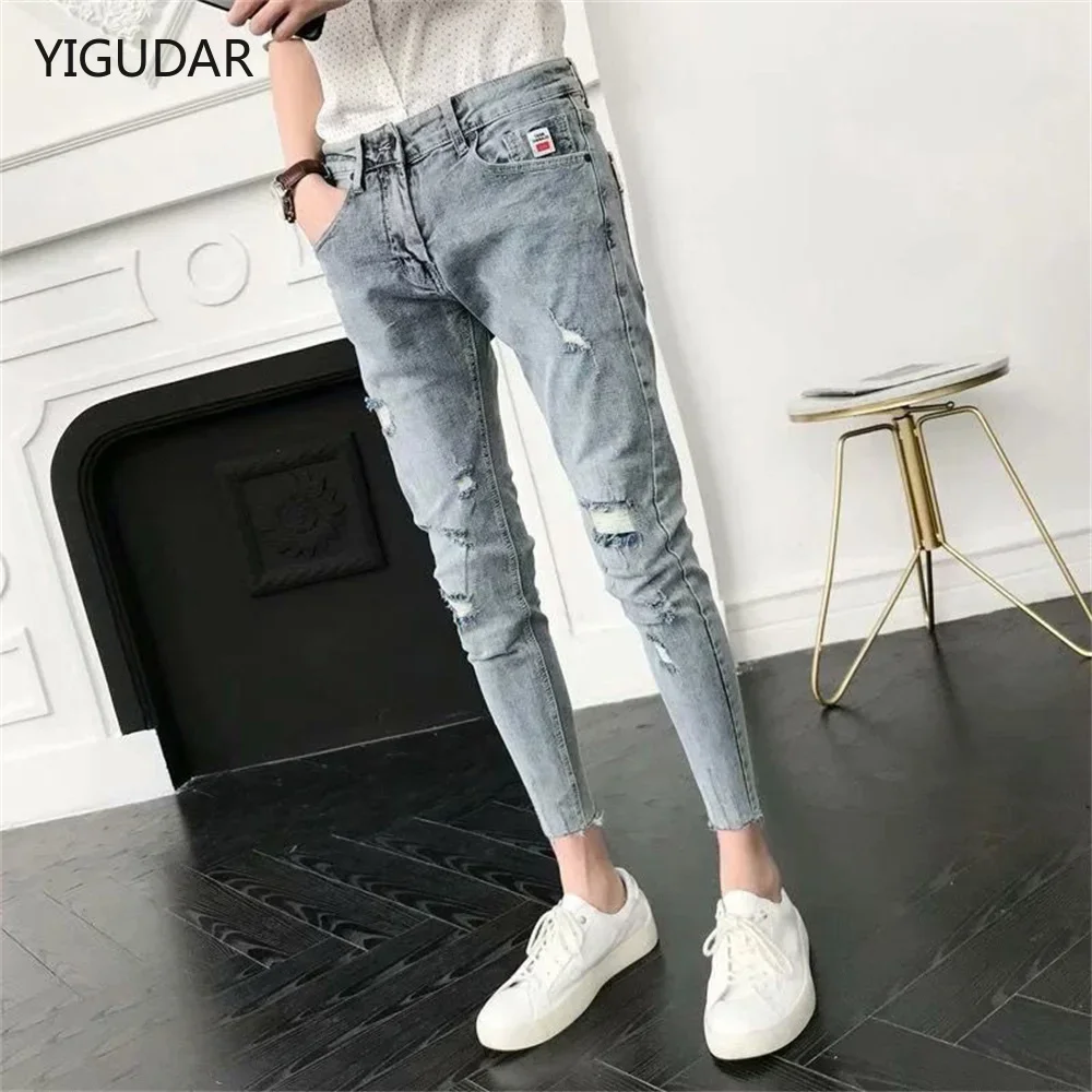

Street Style Fashion Men Jeans Retro Light Blue Elastic Slim Ripped Jeans Men Patch Designer Hip Hop Splashed Denim Pencil Pants