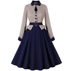 Women Pin Up Lattice Print Casual Party Dress Long Sleeve Retro Robe 60s 50s Vintage Rockabilly Swing Dress Vestidos 2024 Spring