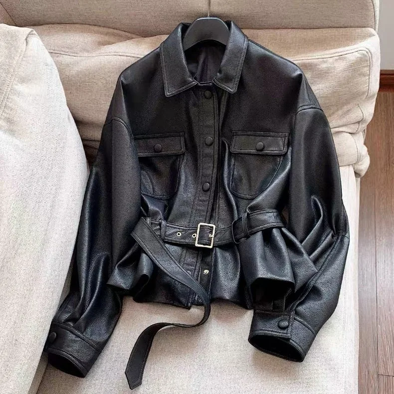 Women Faux Leather Jacket Moto Biker Trendy Streetwear Punk Coat Lapel Belted Long Sleeve Button-Up Outerwear
