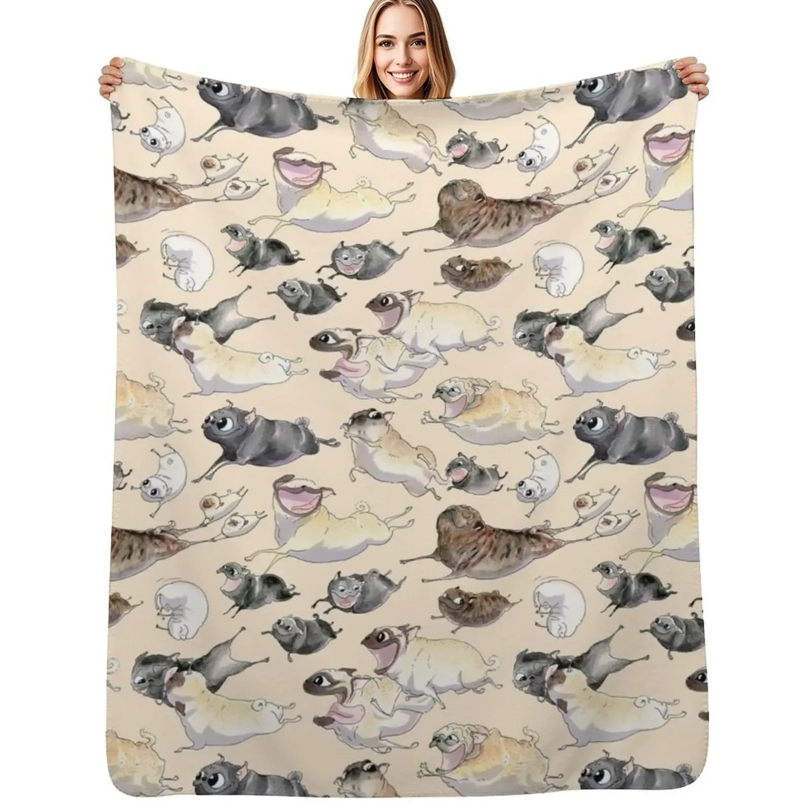 

Pugs on the Run (straw background) Throw Blanket Winter beds Luxury Throw warm for winter Cute Blanket