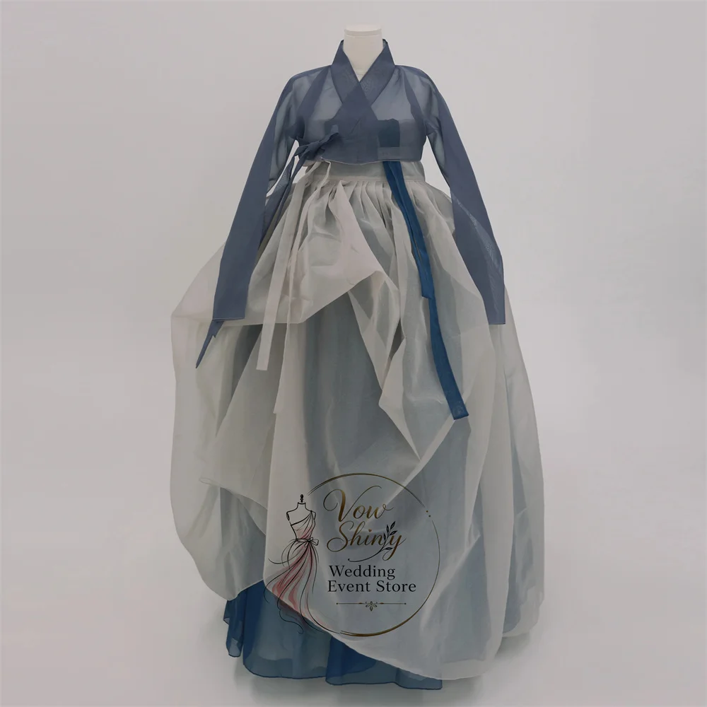 Vow Shiny Contrast Color A-line Organza Hanbok Dress Long Sleeves Floor-Length Outdoor Snapshot Customized Formal Evening Gown ﻿