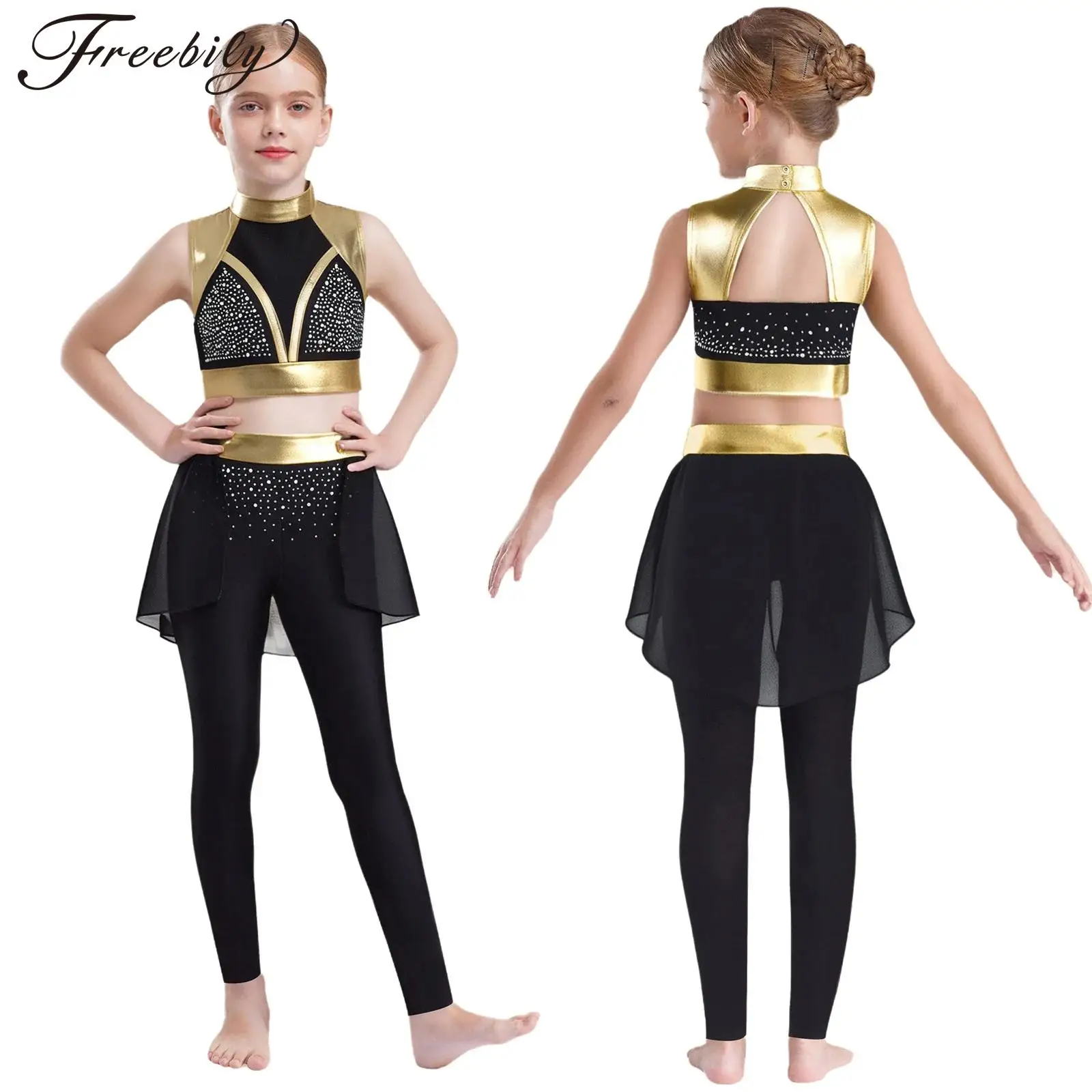 

Детский гимнастический костюм для фигурного катания для девочек, укороченный топ без рукавов с блестящими стразами и брюками, костюм для балета, танца, акробатики, йоги