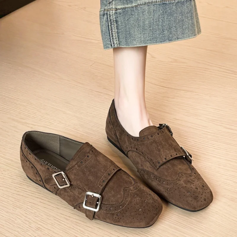 

Round Toe Cow Leather Double Metal Buckle Women Flat Shoes British Style Casual Carving Retro Slip on Loafers Soft Shoes
