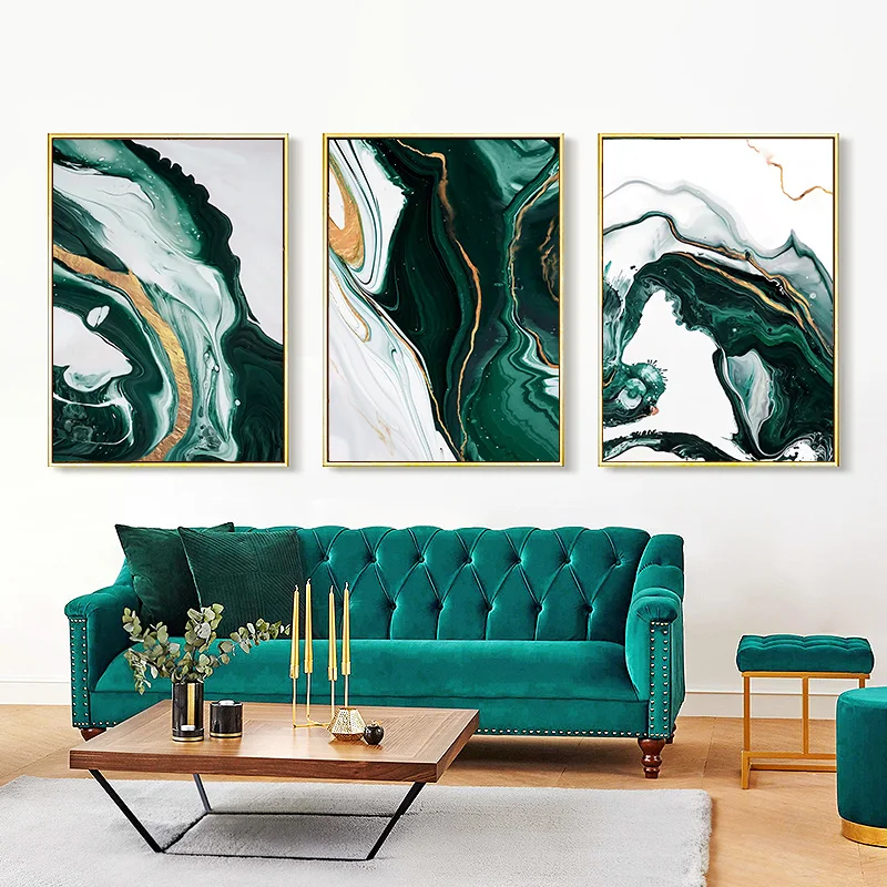 1pc frameless,Modern Marble Abstract Green Lines Gold Foil Light Luxury Nordic Wall Art Canvas Painting Posters Picture Living R view 2