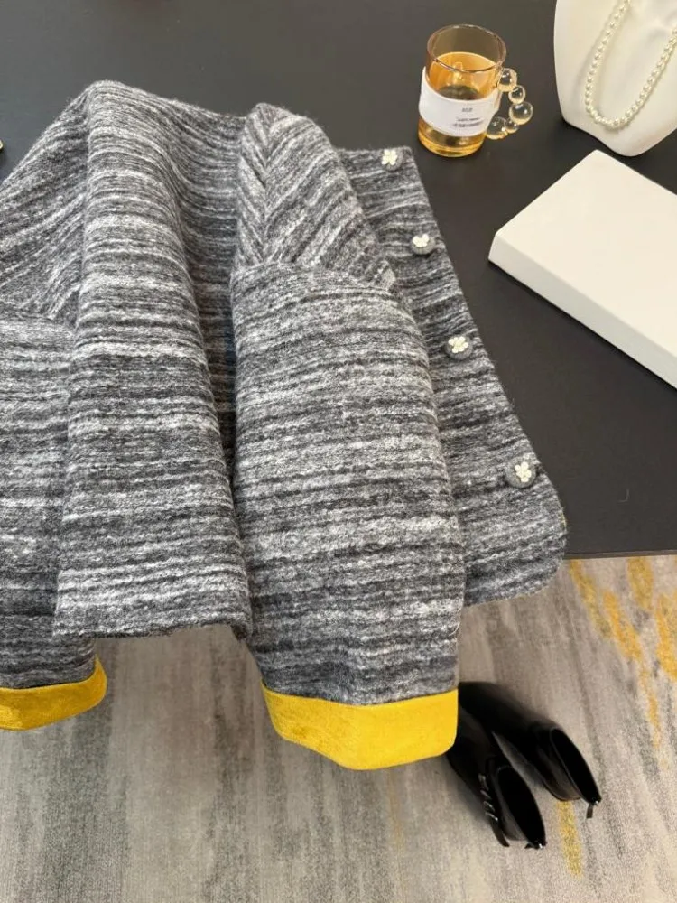 Elegante senhora moda listrado lã tweed jaqueta o pescoço único breasted inverno escritório feminino versátil para baixo casaco casual outerwear