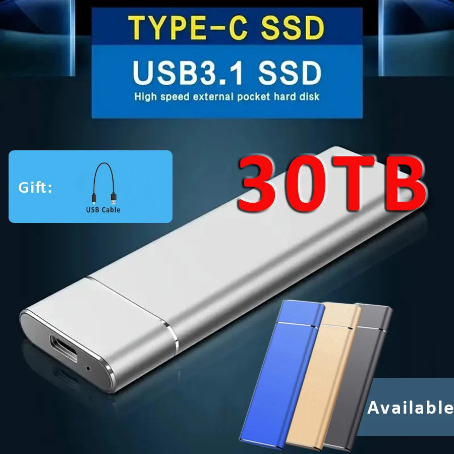 Hard Drive 30TB High-speed External SSD Portable SSD USB3.0 Solid State Disk Backup Storage for Mac/Laptop