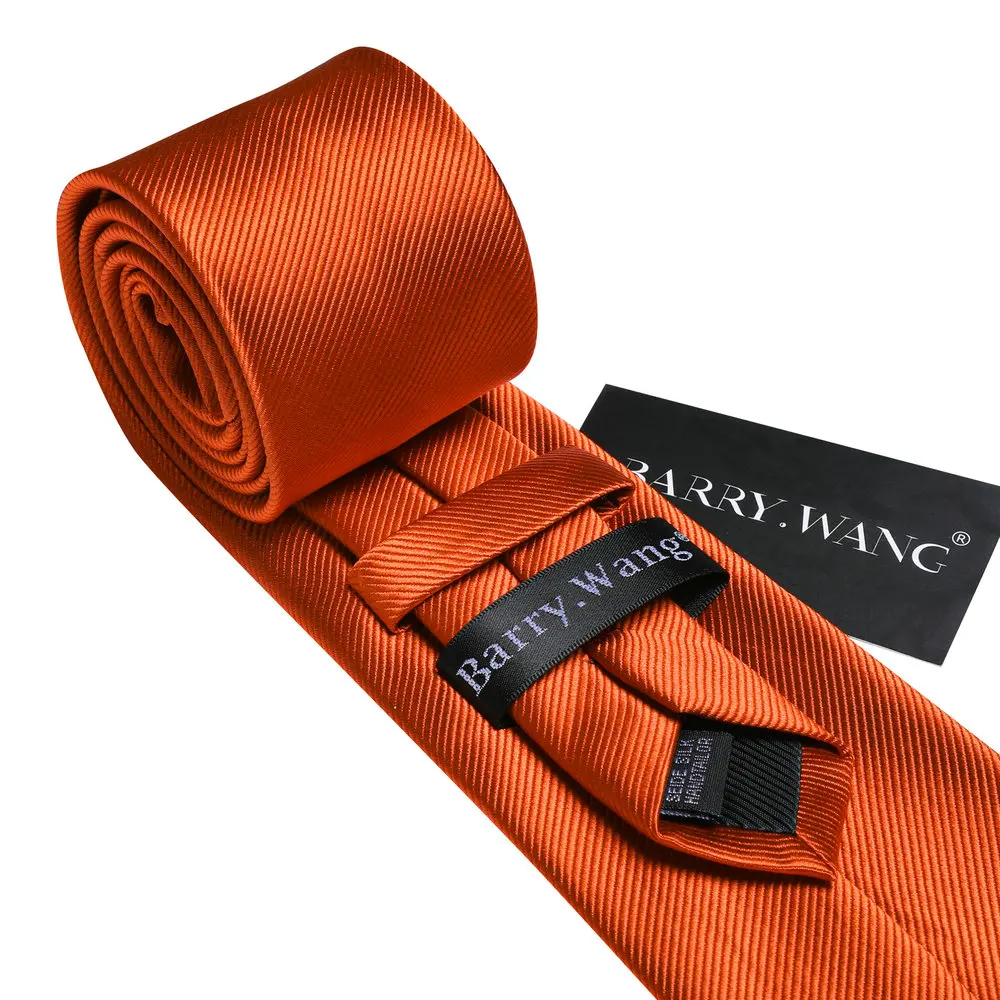 Barry.Wang Orange Men Silk Solid Ties Elegant  Male Woven Suit Neckties Pocket Square Cufflinks Sets Party Wedding Designer 6472