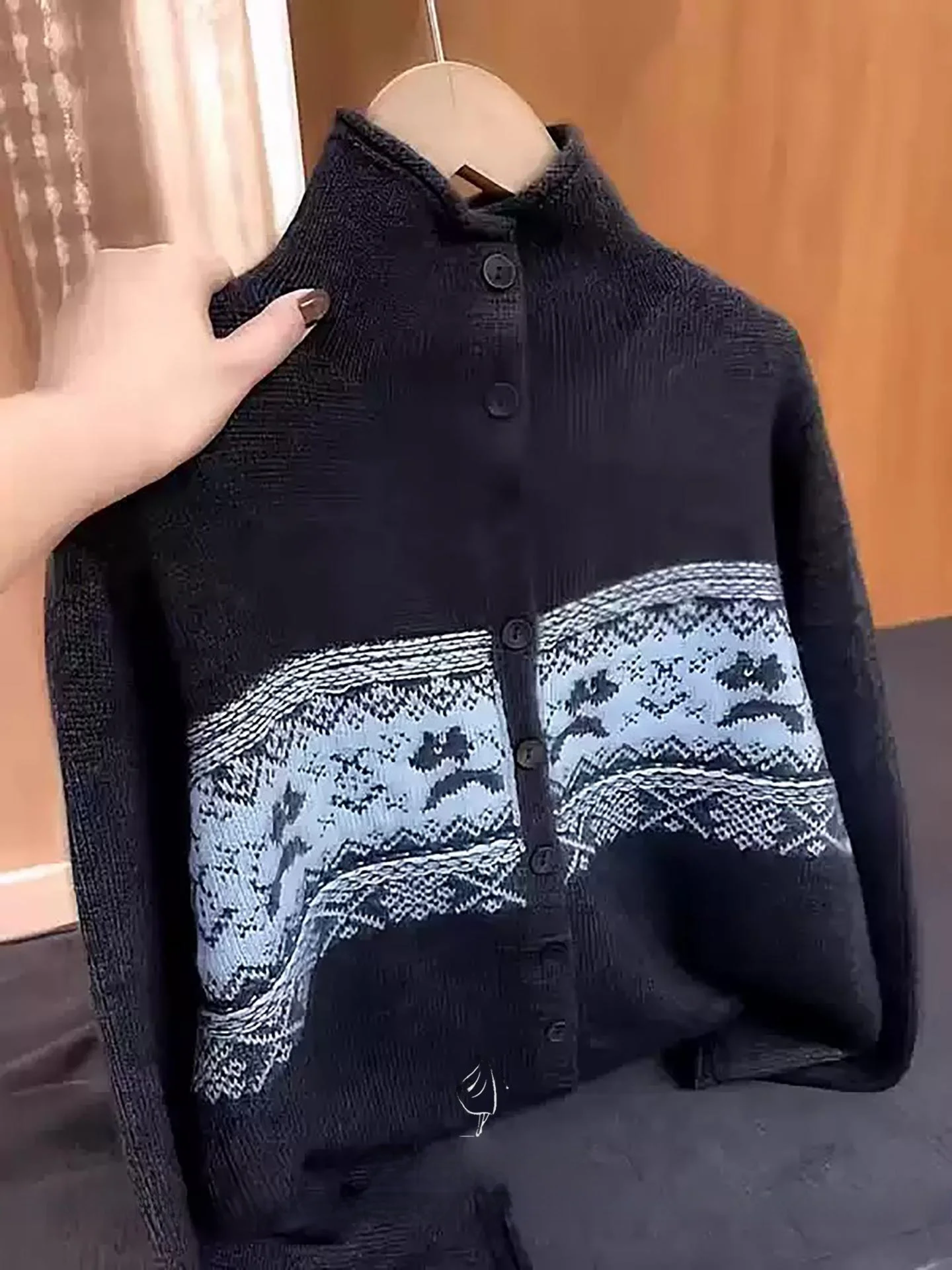 

Retro Fair Isle Knitted High Collar Open Cardigan Women's Winter New Style Lazy Slimming Meat Covering Sweater Coat