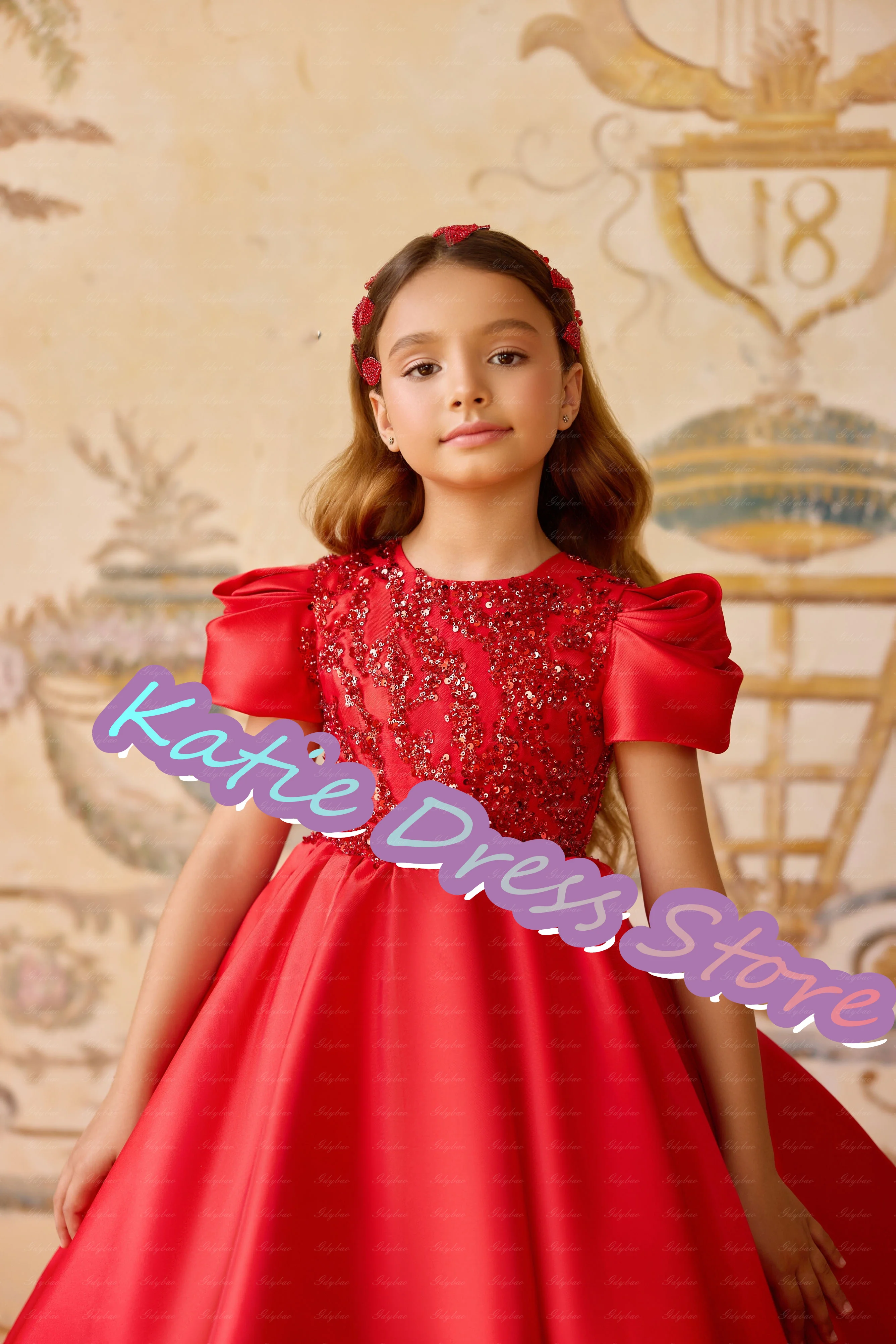 فستان فتاة الزهور الحمراء لحفلات الزفاف مزين بالترتر من الساتان الأميرة للأطفال وحفلات أعياد الميلاد الأولى فستاين سهرة/فساتين الحفلات حسب الطلب #5