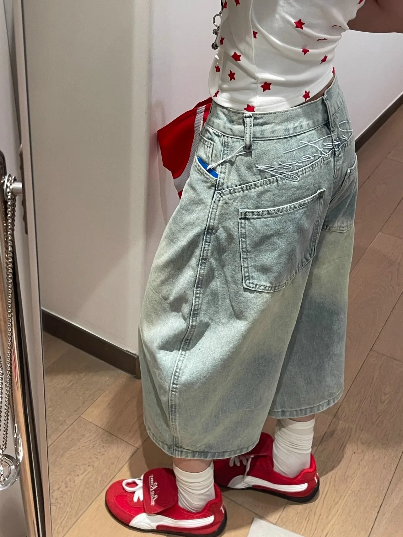 الأمريكية الرجعية الهيب هوب فضفاض العجل طول جان الجرونج الشارع الأزرق جيوب السراويل النسائية Y2K غسلها ايمو عارضة الدنيم بنطلون