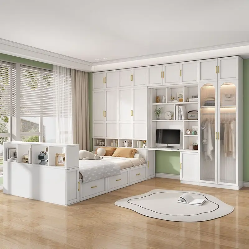 Tatami bed wardrobe integrated desk bookshelf small apartment second bedroom children's room storage multi-functional