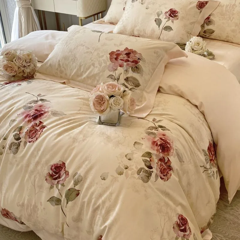 

1000TC Cotton Chic Blooming Rose Flowers Bedding Double Queen King 4Pcs Duvet Cover with zipper Flat/Fitted Sheet Pillowcases