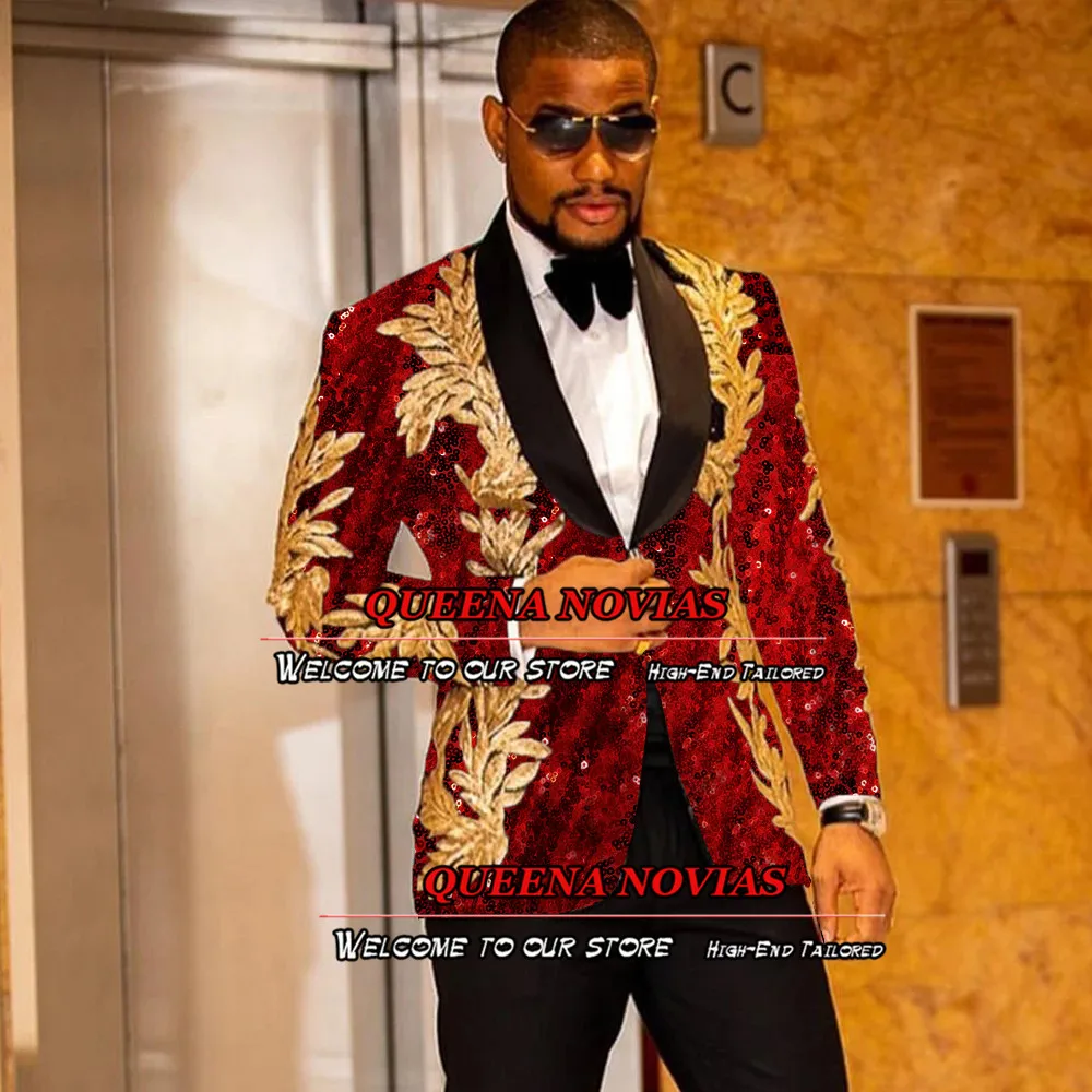 

Twe Piece Burgundy Groom Suits Black Lapel Sequins Jacket With Pants Formal Wedding Tuxedo Men Blazer Business Costume Homme