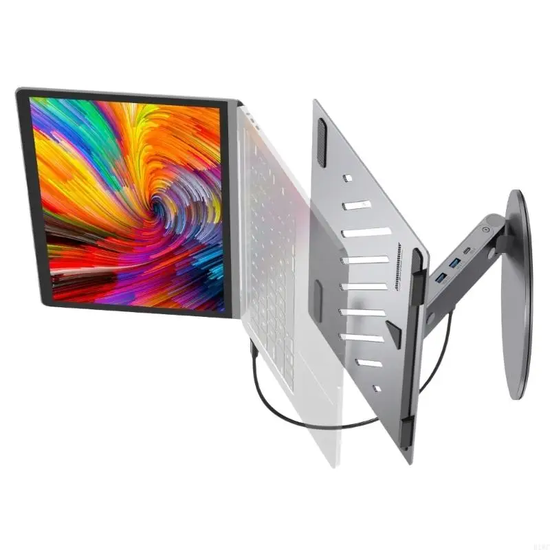 

Space Saving Laptop Stand Containing 6 Feature USB C Station With Rapid Charging And USB Link