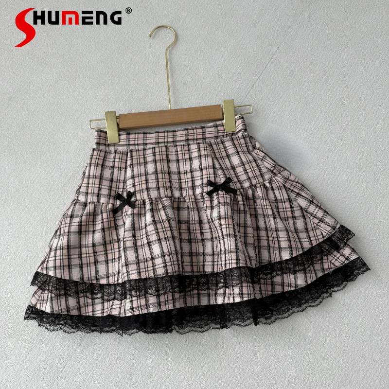 

Japanese Mine Series Mass-produced Mini Skirt 2025 Summer New Girl's Lace Edge Elastic Waist Plaid Skirt Women's A-Line Skirt