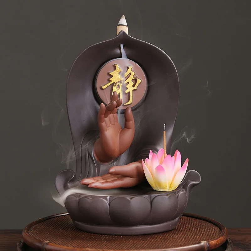 

Zen Incense Ceramic Buddha Hand Home Ornaments Waterfall Backflow Incense Burner Lotus Incense Stick Holder Purple Clay Censer