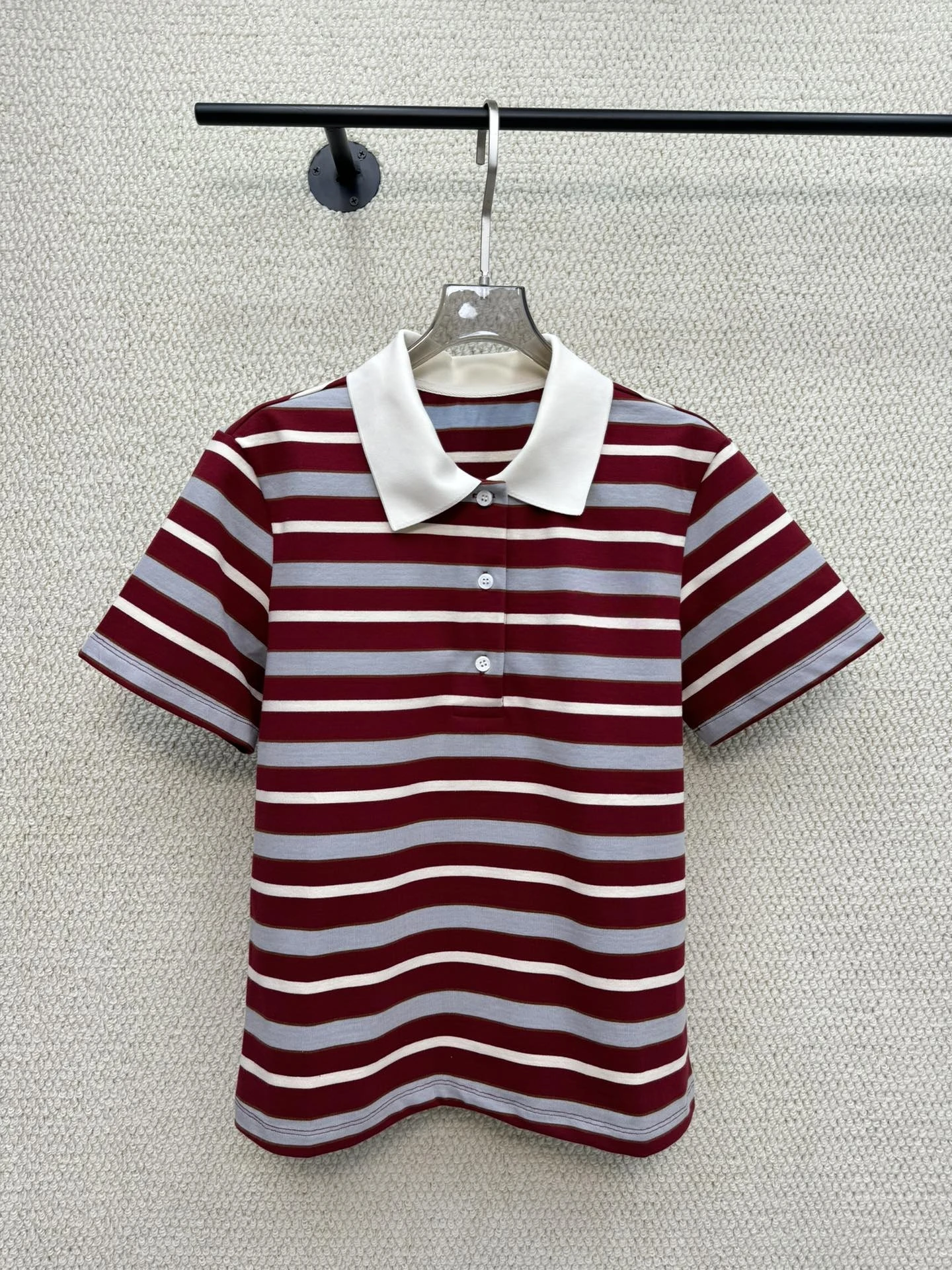 New Style  Shirt Short Sleeve Striped Contrast Color Collar Embroidered Letter Slimming Fashionable Versatile Cotton Knitted