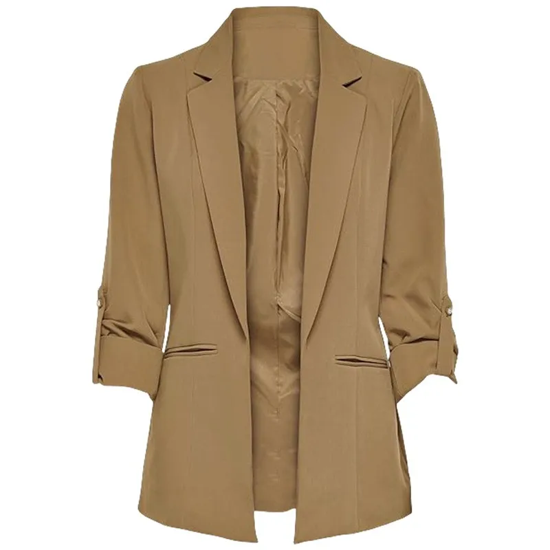 Casual Loose Fit Coat with Patchwork Long Sleeves Suit Collar No Buttons Long Length Women Jacket for Office Style Autumn