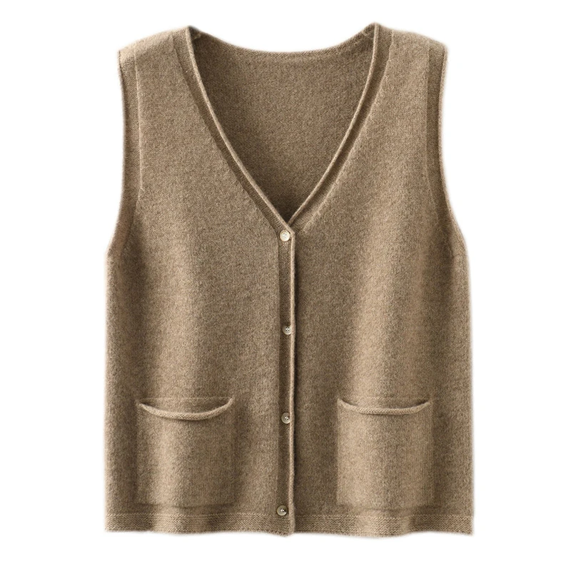 

100% Wool V-neck Waistcoat Spring Autumn versatile Cardigan Vest fashion commuting minimalist Women Pure Wool Knitwear Top
